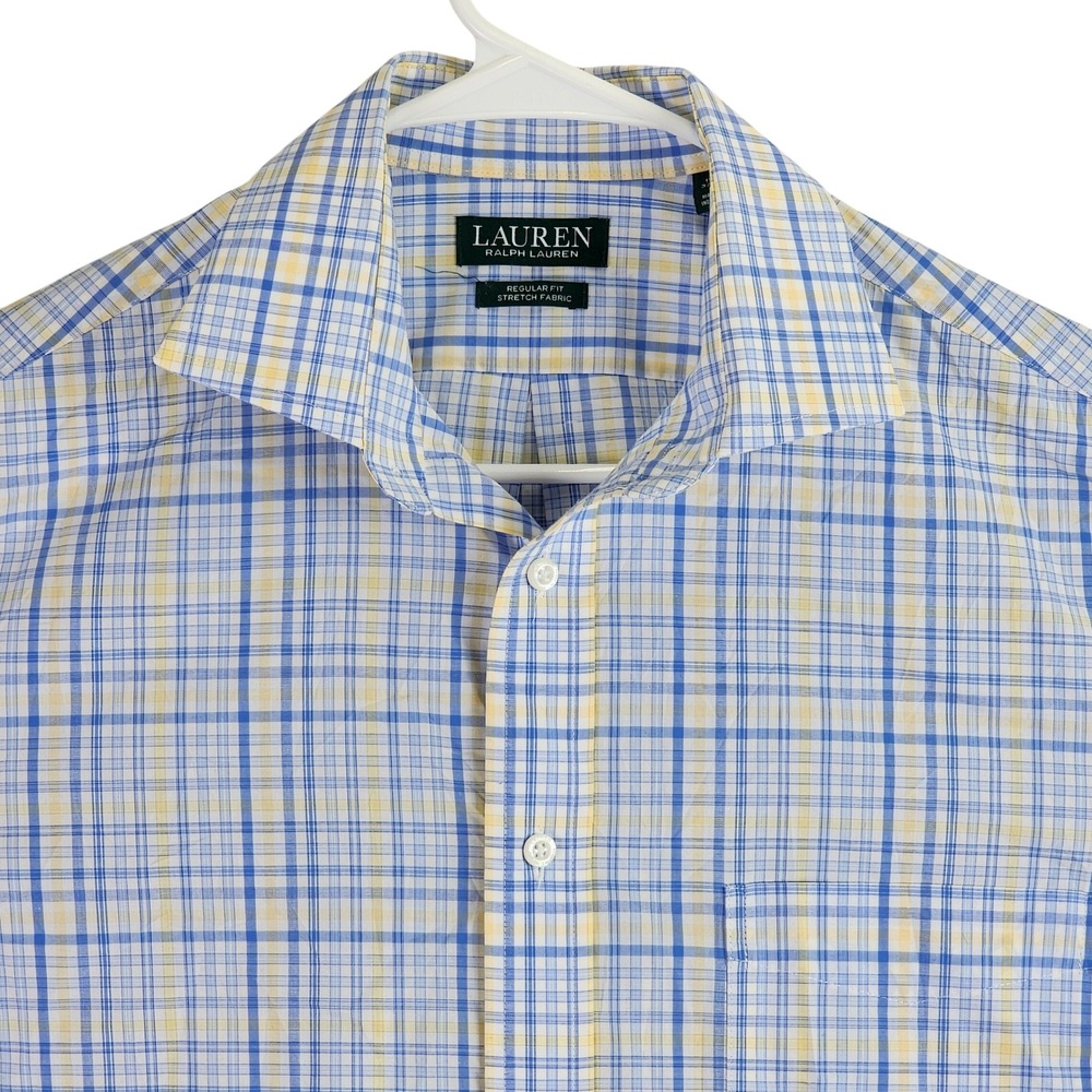 Lauren Ralph Lauren Regular Fit Plaid Shirt Mens M Blue Yellow Stretch Fabric